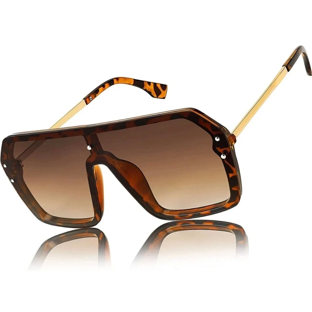 Shield Sunglasses Womens OS Tortoise New Oversized Flat Top Gold Temple